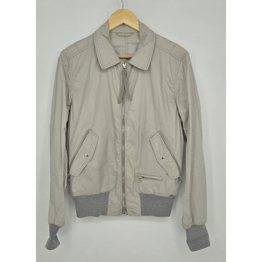 Lanvin Luxury 100% Cotton Beige/Gray Bomber Jacket Snap/Zip Pockets Mens S-M‎